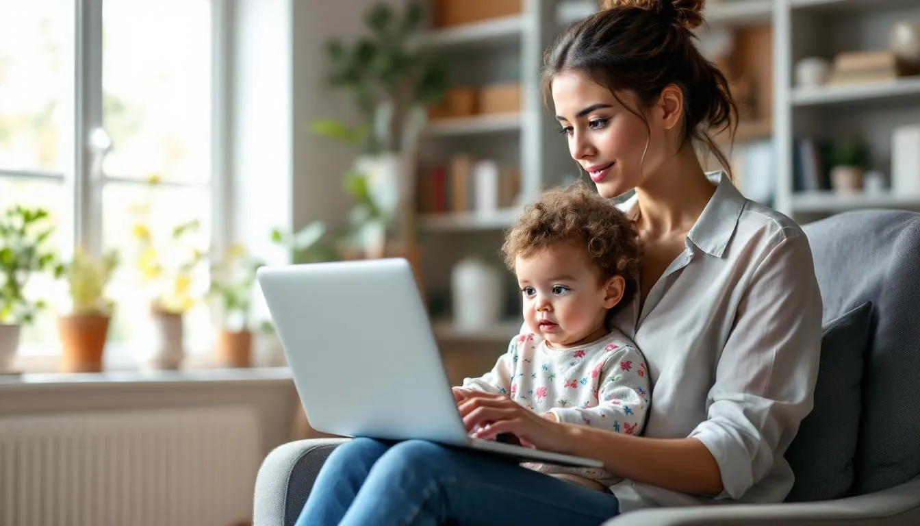 . Młoda kobieta uczestniczy w wideokonferencji medycznej z małym dzieckiem na kolanach, korzystając z możliwości uzyskania e recepty online bez konieczności wychodzenia z domu. Scena ilustruje nowoczesne podejście do opieki medycznej, które pozwala na szybkie konsultacje lekarskie i wystawienie recepty online. .