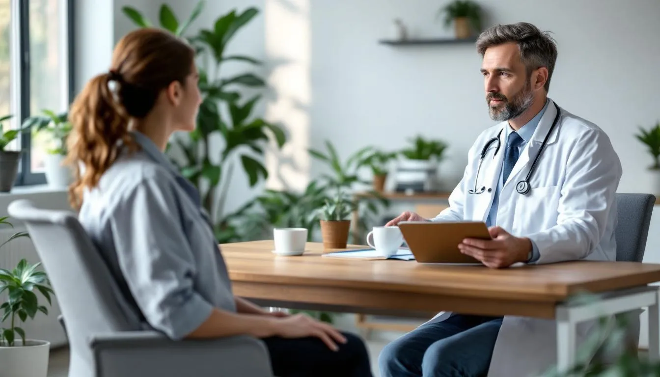 W obrazie lekarz rozmawia z pacjentem, omawiając kwestie dotyczące leczenia bezsenności oraz ryzyko uzależnienia od leków nasennych, takich jak zolpidem. W tle można usłyszeć delikatne dźwięki szpitala, co podkreśla atmosferę medyczną tej rozmowy.