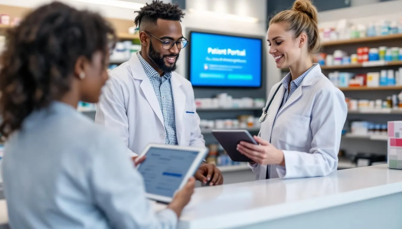 . The image shows a pharmacist helping a patient in a pharmacy, as the patient presents an electronic prescription, illustrating the process of realizing an e-recepta. This scene emphasizes the convenience of obtaining prescriptions online through an internetowe konto pacjenta.