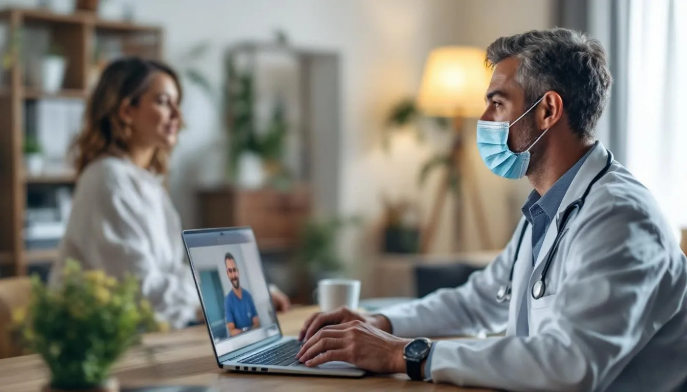 Lekarz prowadzi konsultację online z pacjentem, omawiając przepisane leki oraz możliwość uzyskania e recepty online przez internetowe konto pacjenta. W tle widoczne są dokumenty medyczne i sprzęt biurowy.