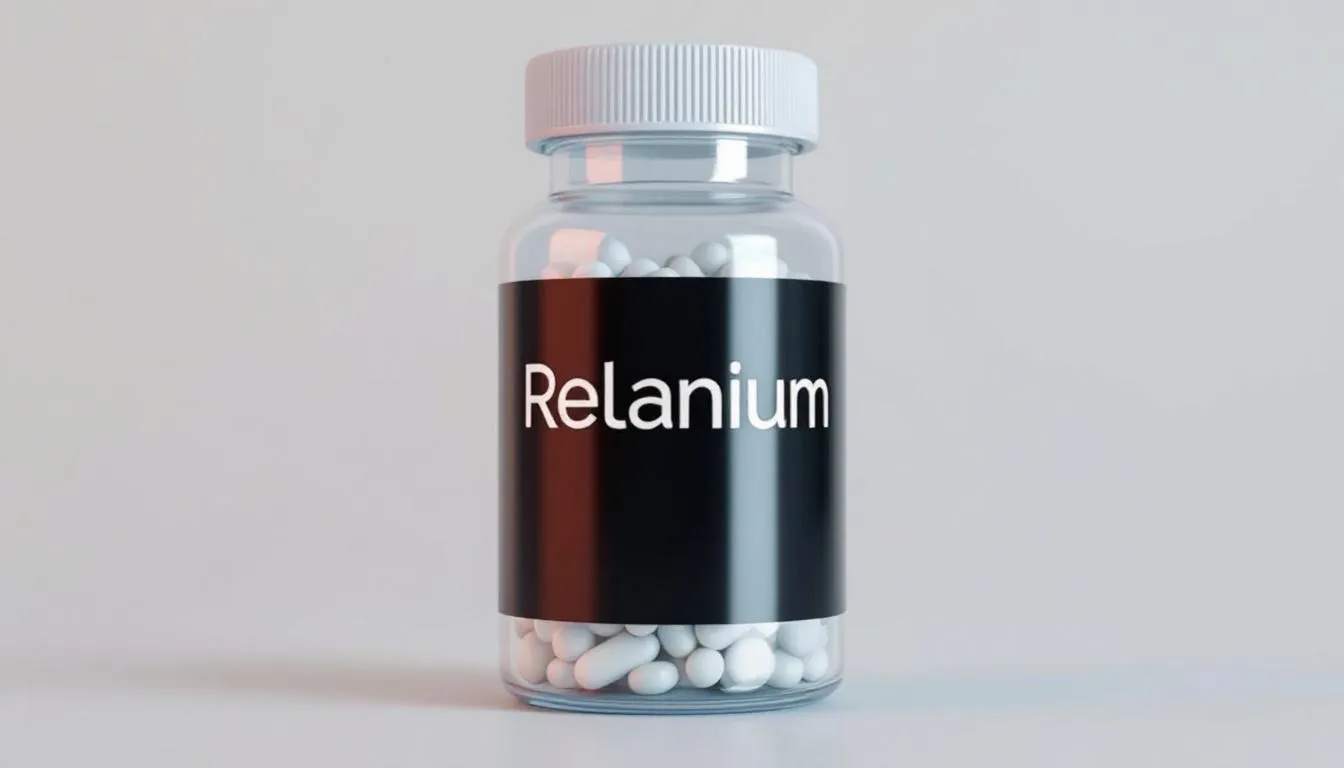 Opakowanie na tabletki szklane z wyraźnym napisem relanium, które wskazuje na zastosowanie leku relanium 5 mg w leczeniu stanów lękowych oraz innych schorzeń. Opakowanie zawiera informacje o ryzyku uzależnienia oraz zalecenia dotyczące stosowania leku.