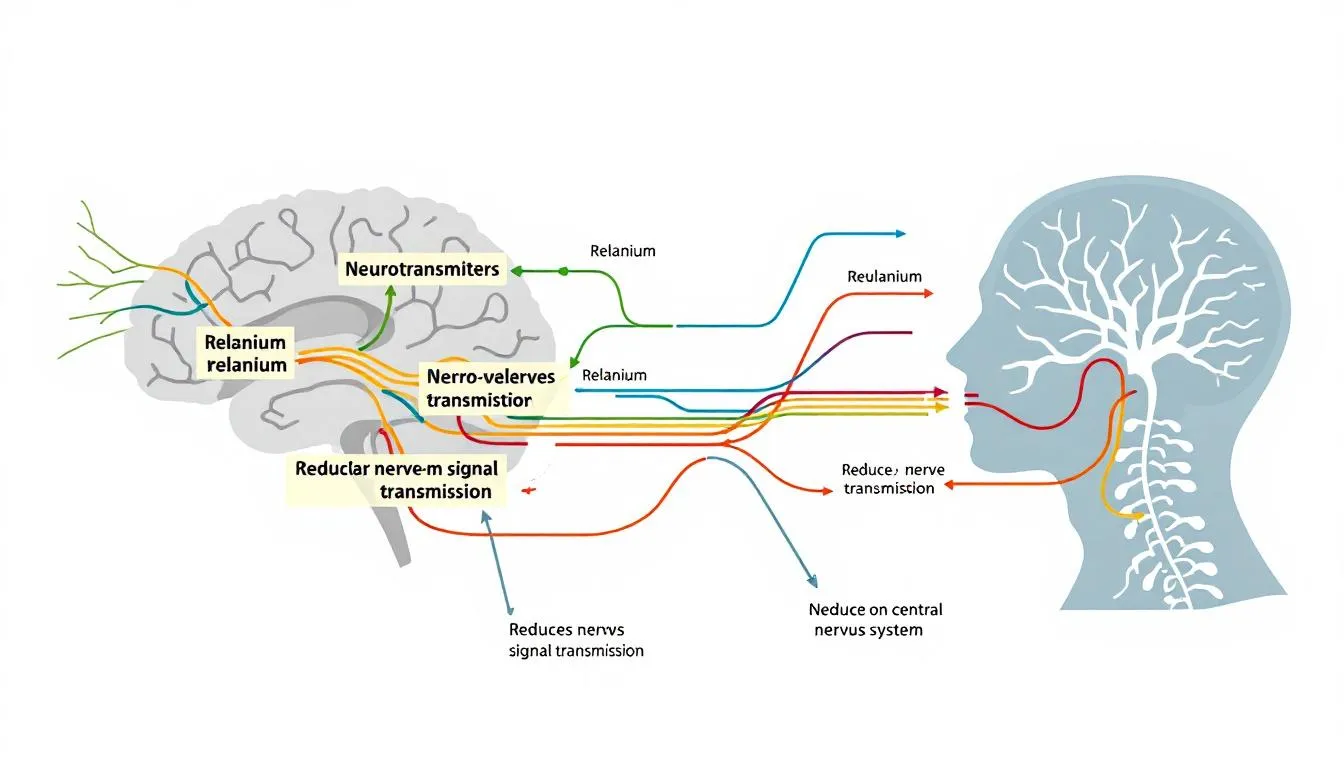 Schemat ilustrujący działanie leku relanium na ośrodkowy układ nerwowy.