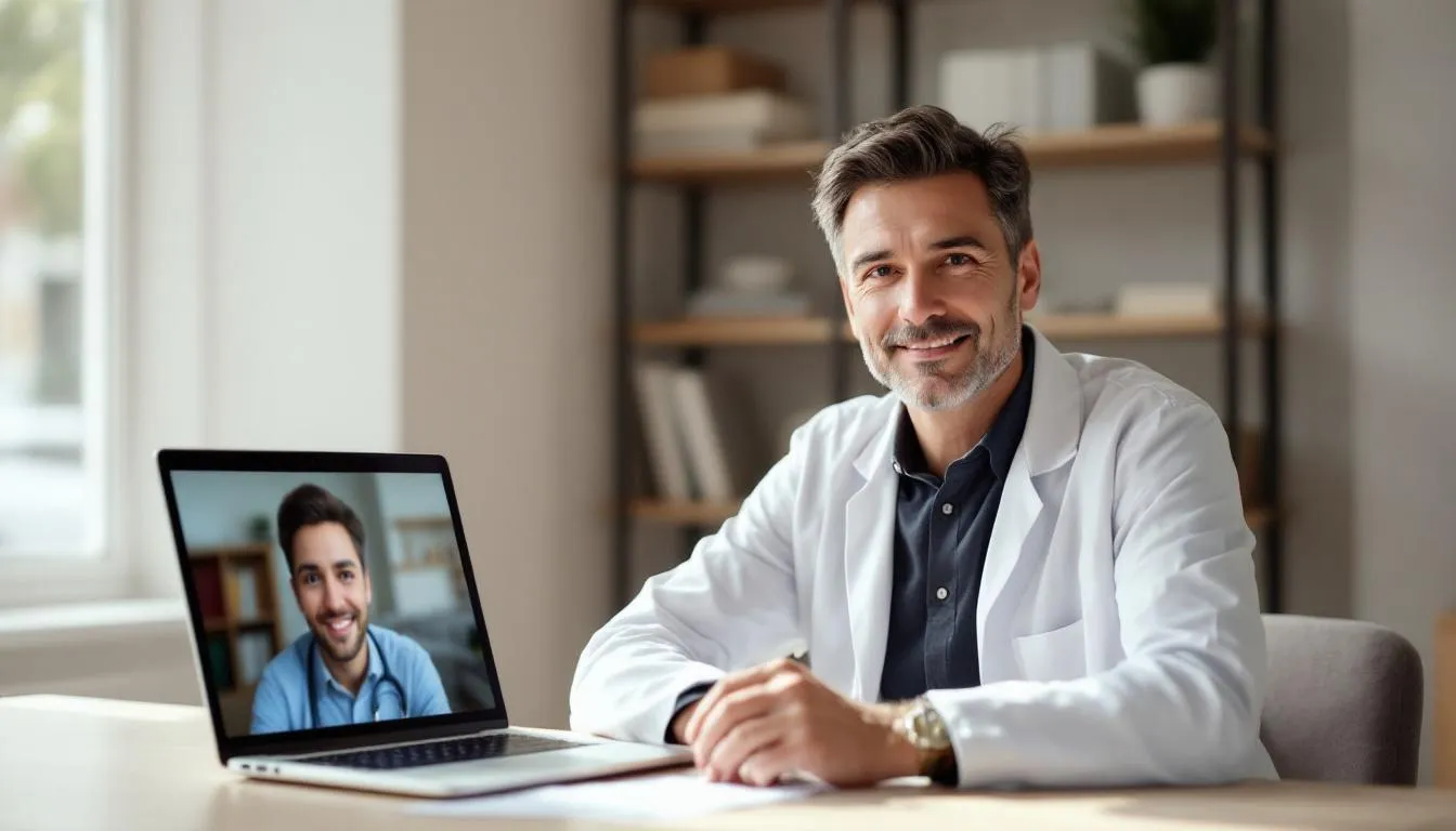 Na obrazie widoczny jest lekarz przeprowadzający konsultację online, siedzący przed komputerem i rozmawiający z pacjentem. W trakcie rozmowy ocenia stan zdrowia pacjenta oraz omawia możliwość wystawienia zwolnienia lekarskiego w formie elektronicznej.