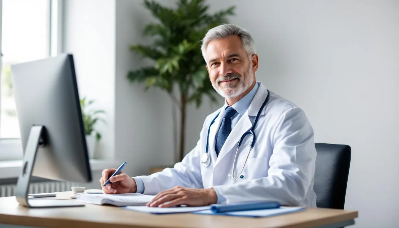 W gabinecie lekarza widoczny jest lekarz przeprowadzający wywiad medyczny z pacjentem, oceniając stan zdrowia i rozważając wystawienie zwolnienia lekarskiego. Atmosfera jest profesjonalna, a na biurku znajdują się dokumenty związane z elektronicznymi zwolnieniami lekarskimi.