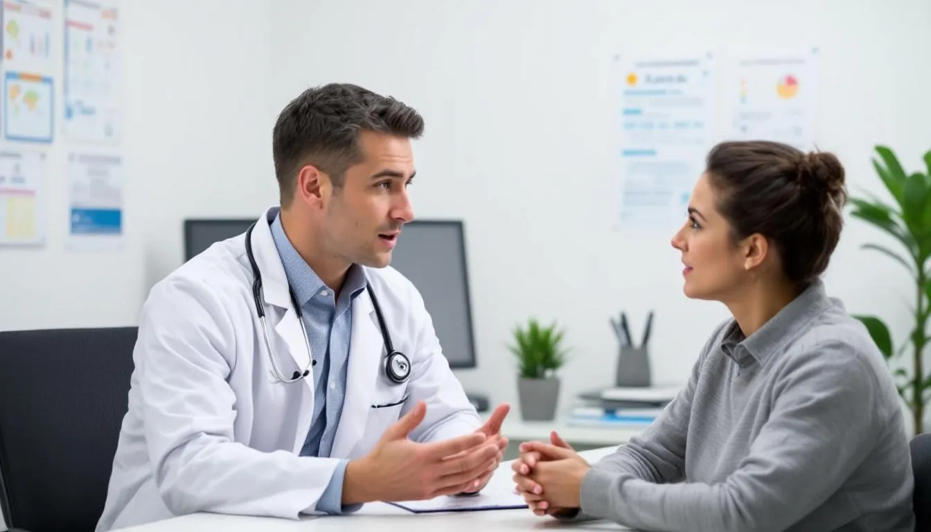 W gabinecie lekarskim, lekarz tłumaczy pacjentowi, czy xanax uzależnia, omawiając ryzyko uzależnienia oraz skutki uboczne związane z długotrwałym stosowaniem leków przeciwdepresyjnych i przeciwlękowych. Rozmowa dotyczy również leczenia zaburzeń lękowych oraz technik relaksacyjnych, które mogą pomóc w codziennym życiu pacjenta.