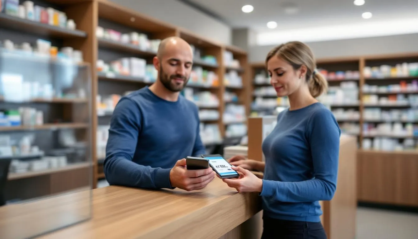 Na zdjęciu widoczna jest osoba odbierająca leki w aptece, trzymająca kod e-recepty, co ilustruje możliwość uzyskania e recepty online bez konieczności wychodzenia z domu. W tle znajdują się półki z opakowaniami leków, a farmaceuta przygotowuje przepisane leki.