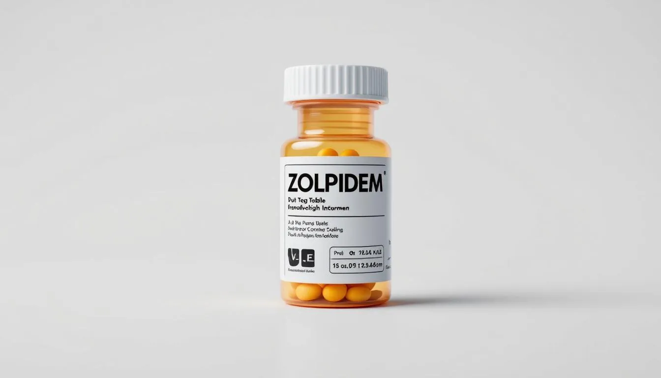 Na obrazku znajduje się pudełko leku z wyraźnym napisem "zolpidem". Zolpidem to lek stosowany w krótkotrwałym leczeniu bezsenności, który może powodować działania niepożądane, takie jak zawroty głowy czy zaburzenia świadomości.