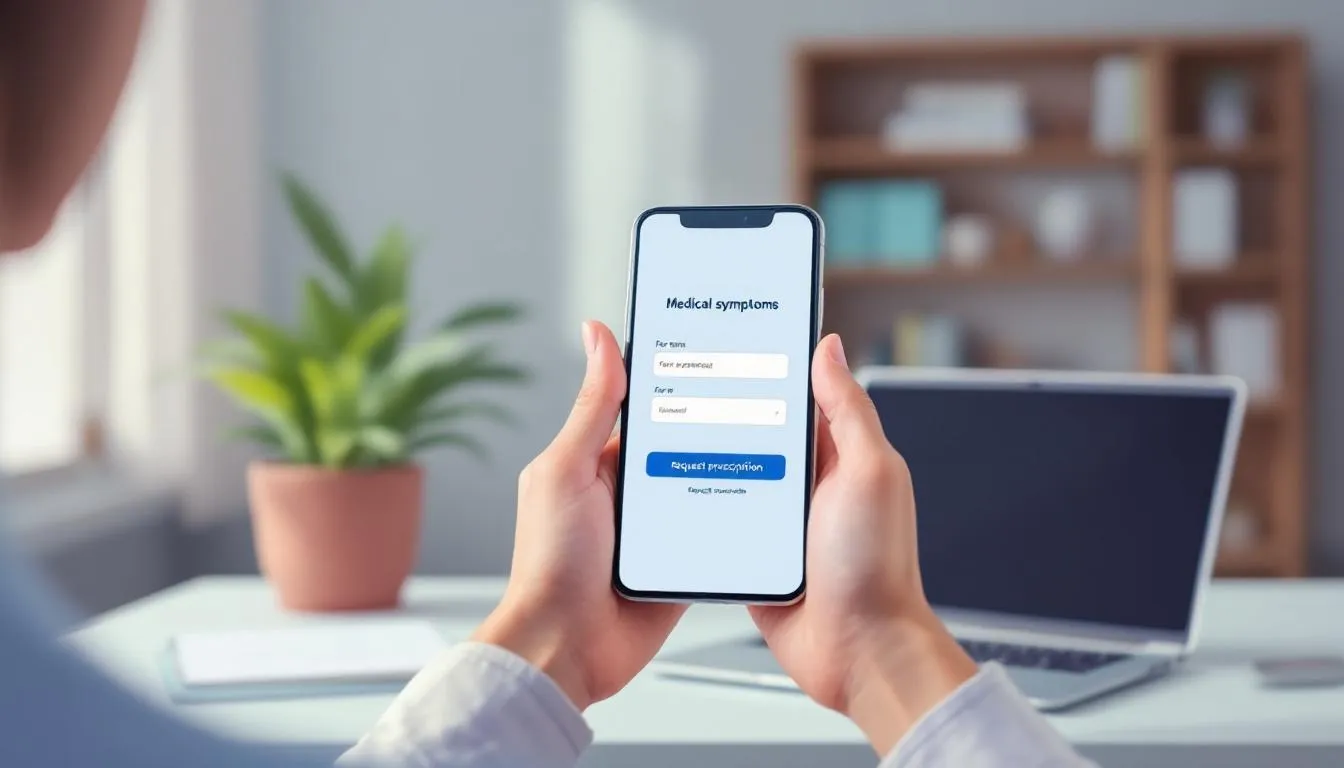 W grafice przedstawiono osobę korzystającą z laptopa, która uczestniczy w konsultacji lekarskiej online, co sugeruje możliwość uzyskania recepty online na antybiotyk. Obrazek ilustruje nowoczesne podejście do wystawiania e-recept, dostępnych poprzez internetowe konto pacjenta.