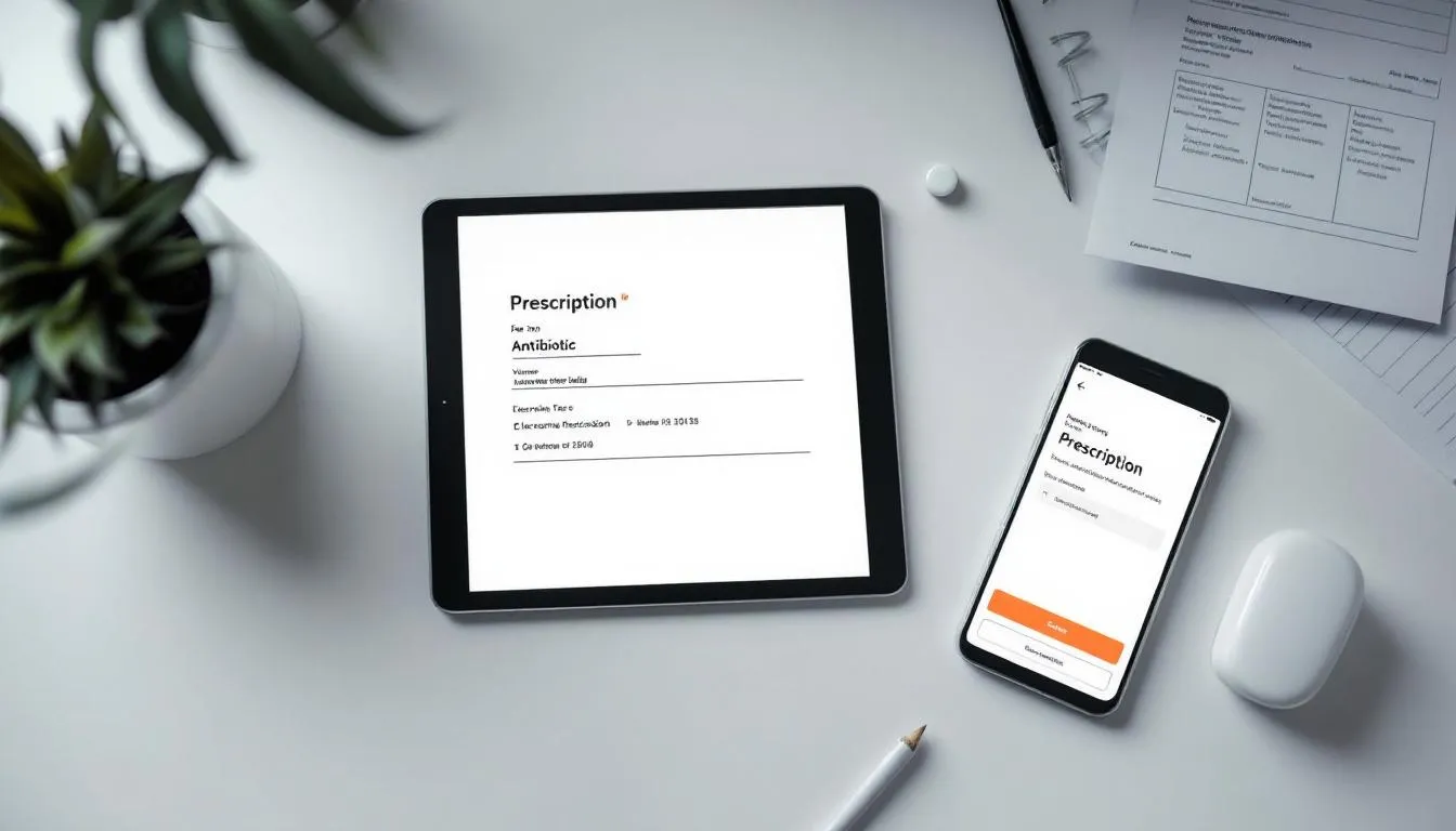 Wizualizacja przedstawia zalety korzystania z e-recepty na antybiotyk, ukazując różne aspekty, takie jak możliwość uzyskania recepty online, wygodę realizacji w dowolnej aptece oraz korzyści płynące z posiadania internetowego konta pacjenta. Grafika ilustruje nowoczesne podejście do wystawiania recept elektronicznych i ich znaczenie w kontekście zdrowia pacjentów.
