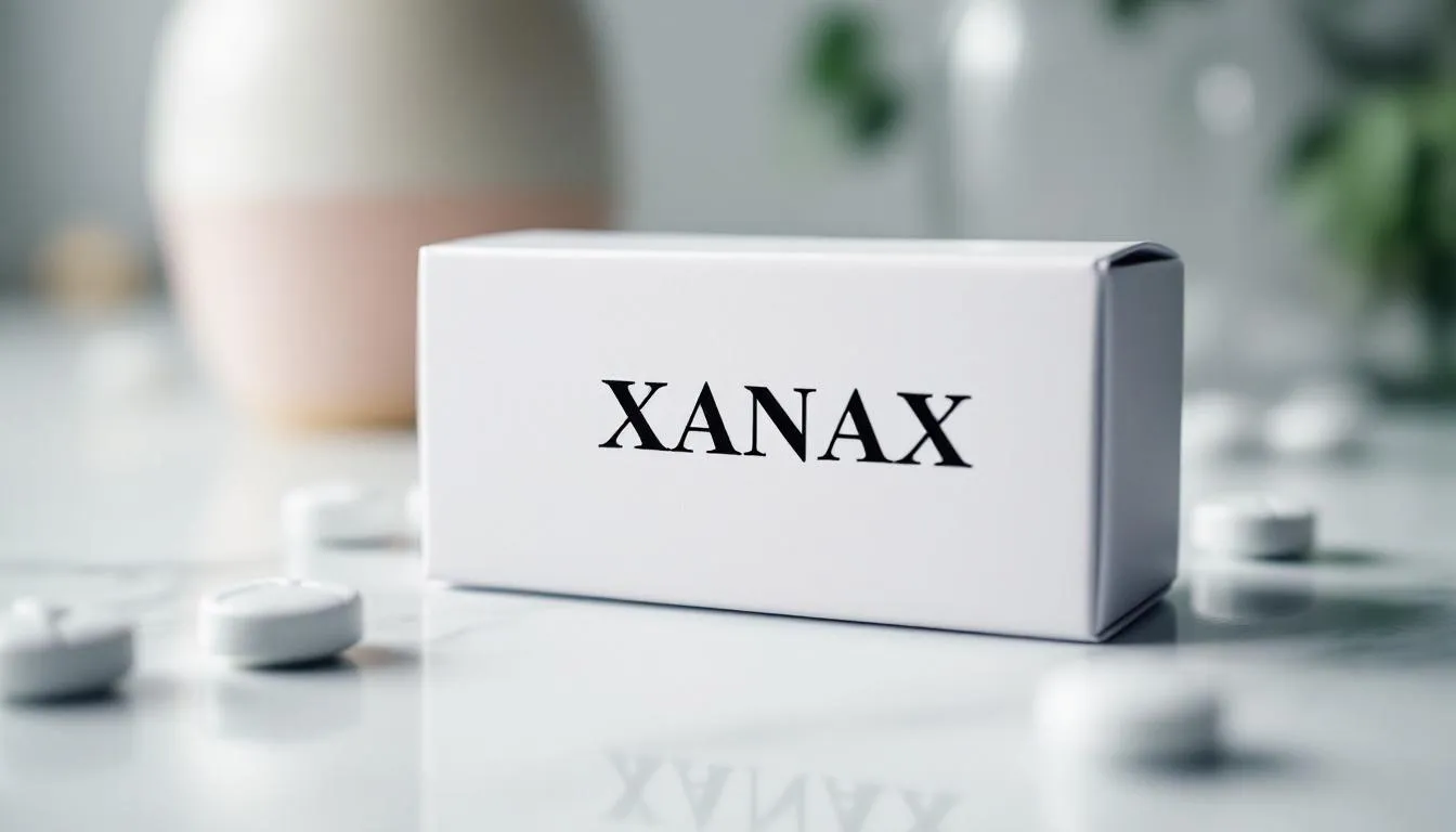 Wizualizacja przedstawia pudełko z lekami, na którym widnieje wyraźny napis "Xanax". Lek ten jest często stosowany w leczeniu zaburzeń lękowych, jednak wiąże się z ryzykiem uzależnienia oraz poważnymi konsekwencjami zdrowotnymi przy długotrwałym stosowaniu.