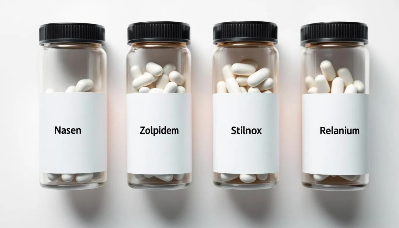 Na grafice przedstawiono porównanie leków nasennych, takich jak Nasen, Zolpidem, Stilnox i Relanium, z uwzględnieniem ich działania na ośrodkowy układ nerwowy oraz ryzyka uzależnienia. Wizualizacja ilustruje różnice w skutkach ubocznych oraz całkowitym czasie trwania snu, co jest istotne w leczeniu bezsenności.