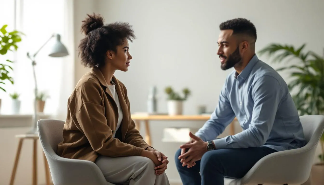 Osoba rozmawiająca z psychiatrą, co ilustruje proces leczenia bezsenności związanej z depresją i lękiem.