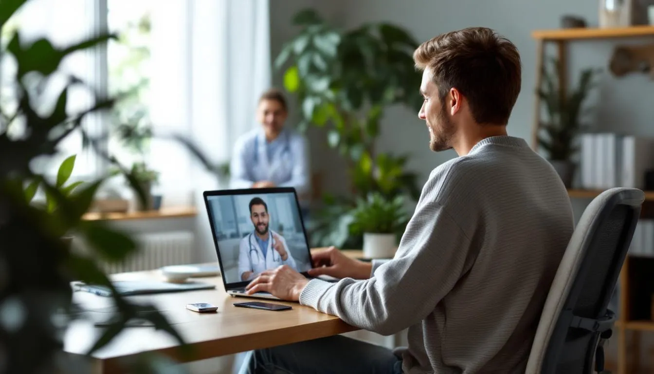 W obrazie przedstawiono konsultację online z lekarzem, gdzie pacjent korzysta z komputera lub smartfona, aby uzyskać porady dotyczące leczenia zaburzeń lękowych i depresji, w tym stosowania leku escitalopram. W tle widać przyjazne otoczenie, które sprzyja komfortowej rozmowie.