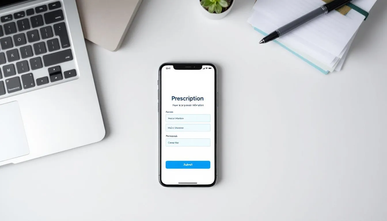 Grafika przedstawiająca proces uzyskiwania recepty online na tabletki antykoncepcyjne. W tle widać komputer oraz symboliczne ikony związane z konsultacją lekarską i antykoncepcją hormonalną, co ilustruje możliwość uzyskania recepty na tabletki antykoncepcyjne przez internet.