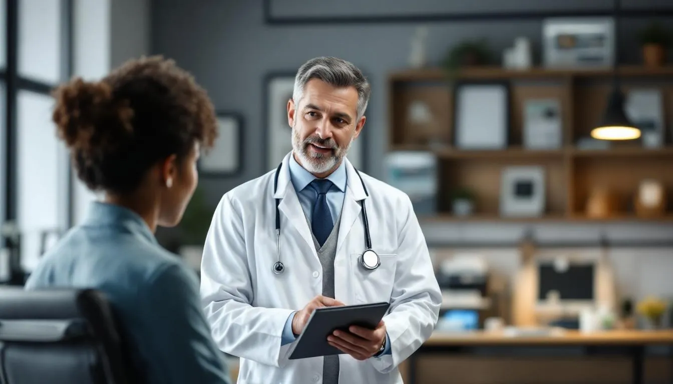 W obrazku lekarz tłumaczy pacjentce zalety korzystania z e-recepty na tabletki antykoncepcyjne, podkreślając skuteczność antykoncepcji hormonalnej oraz zalecenia dotyczące regularnego przyjmowania tabletek. W tle widać przyjazne biuro lekarskie, co tworzy atmosferę zaufania i komfortu podczas konsultacji lekarskiej.