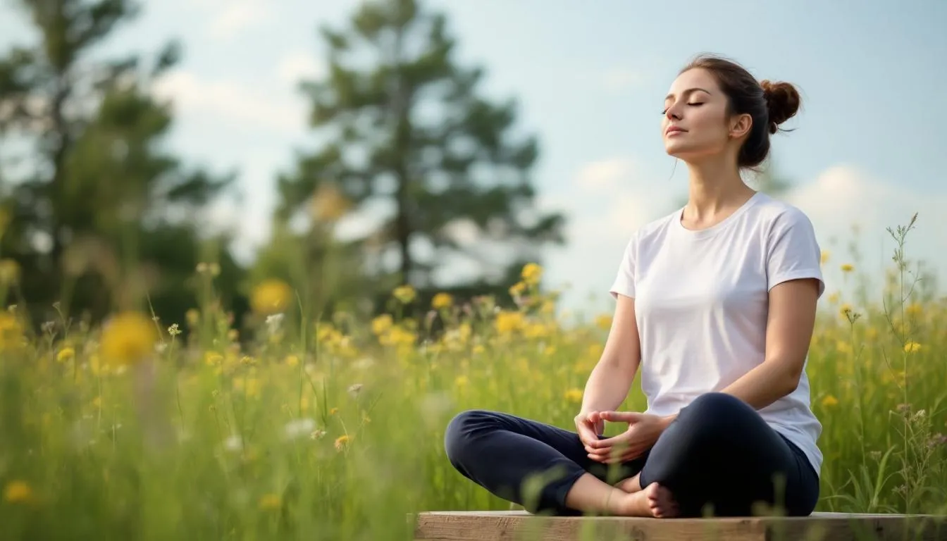 W obrazie przedstawiono osobę medytującą w spokojnym otoczeniu, co ilustruje naturalne sposoby na szybkie zasypianie.