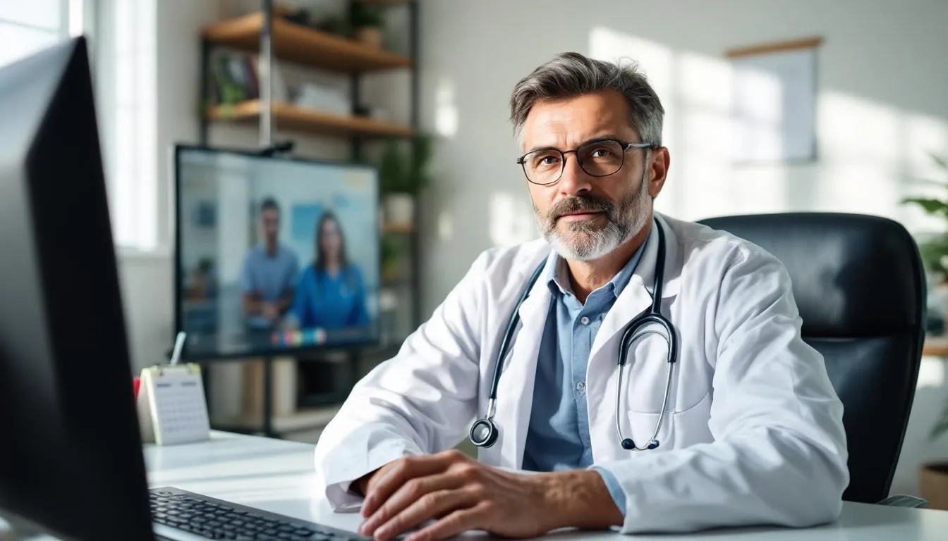 Na obrazku widoczny jest lekarz podczas konsultacji online, rozmawiający z pacjentem przez komputer. W tle znajduje się biurko z dokumentacją medyczną, a lekarz przygotowuje się do wystawienia recepty online dla pacjenta.