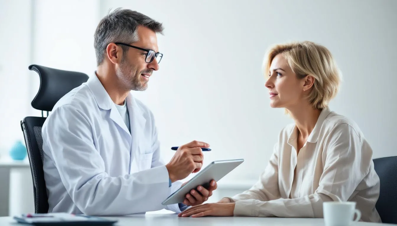 Lekarz tłumaczy pacjentowi poprawne dawkowanie leku relanium, omawiając stosowanie leku relanium 5 mg oraz ryzyko uzależnienia i działania niepożądane, takie jak osłabienie siły mięśniowej czy zaburzenia oddychania.