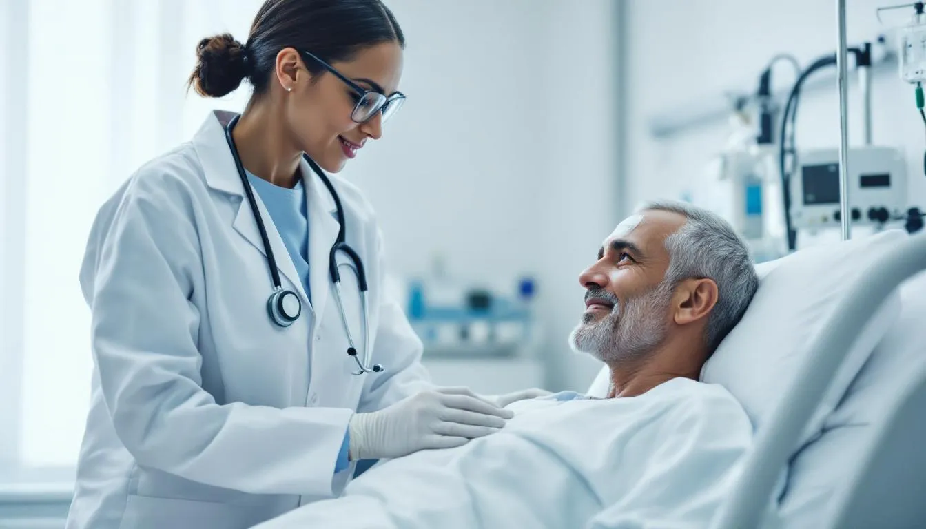 W szpitalu lekarz rozmawia z pacjentem, omawiając możliwe skutki uboczne stosowania leków nasennych, takich jak zolpidem, które mogą wywoływać działania niepożądane, w tym osłabienie mięśni i zawroty głowy. Lekarz udziela zaleceń dotyczących bezpieczeństwa pacjenta oraz ewentualnego przyjęcia leku w kontekście długotrwałego leczenia bezsenności.