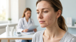 kobieta podczas konlutacji lekarskiej u dermatologa, posiada trądzik dorosłych